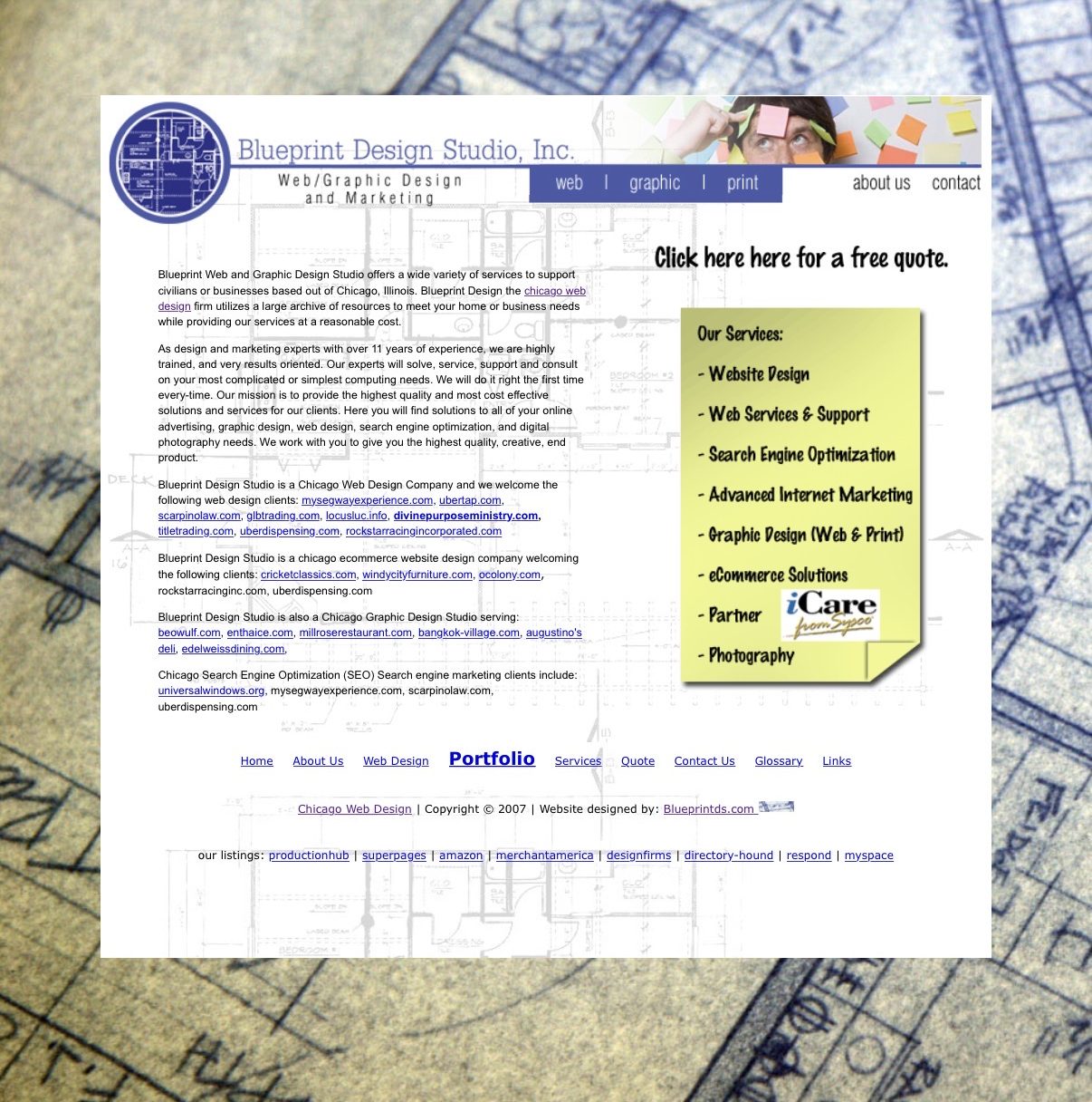 Archived Blueprint Design Studio services page from 2007