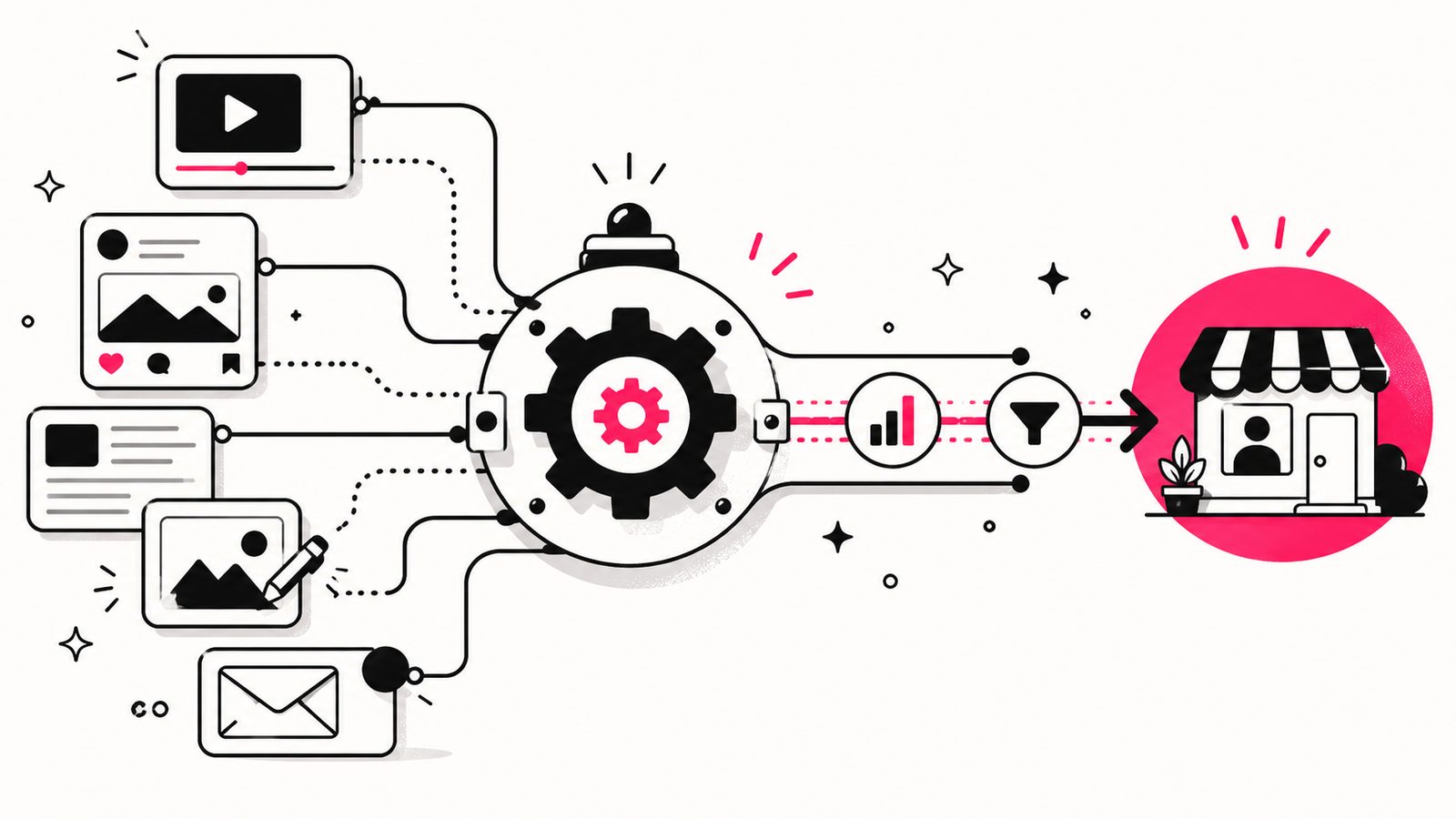 Growth system diagram: video, social, blog, graphics, and email flowing through one system toward a customer