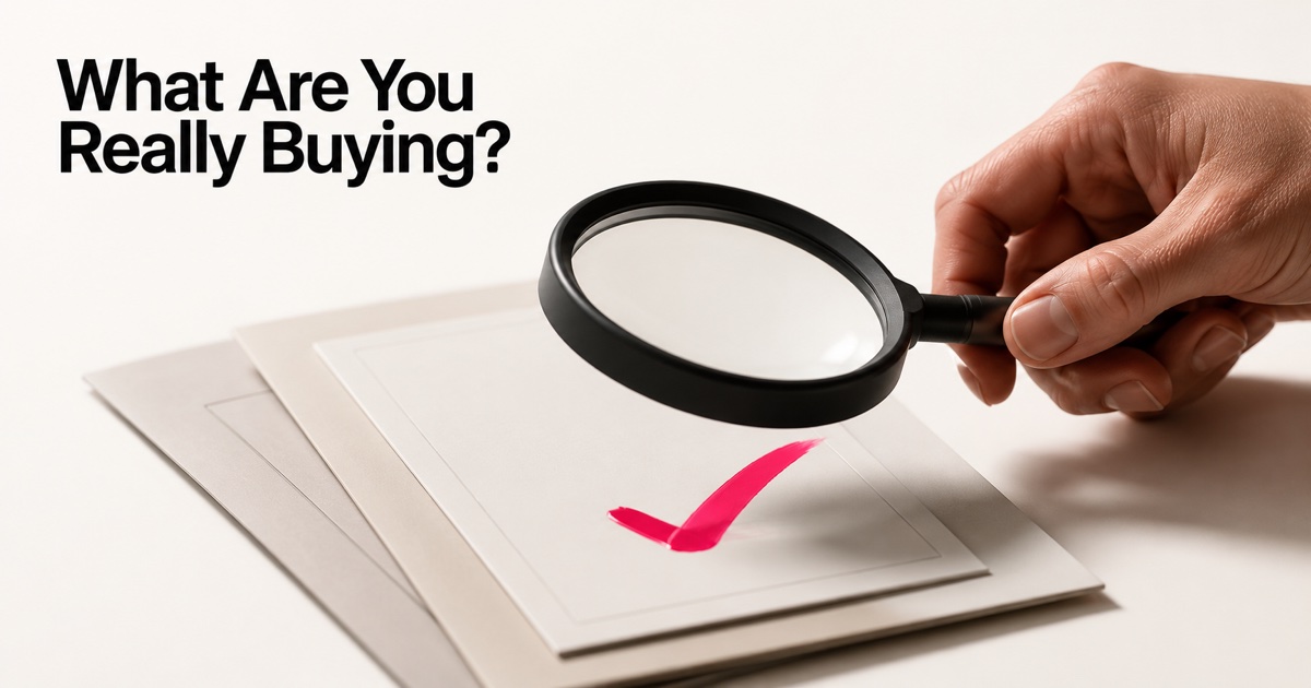 Hand holding a magnifying glass over content marketing services proposal documents, evaluating what is included before signing
