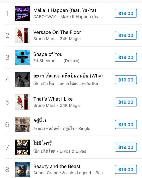 iTunes Thailand chart showing the campaign at number one above Bruno Mars and Ed Sheeran