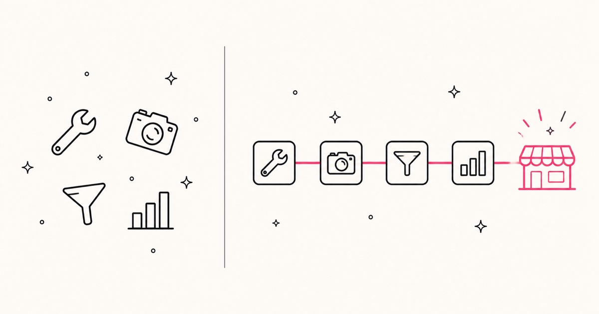 Diagram of scattered marketing tool icons versus the same tools connected into one working system