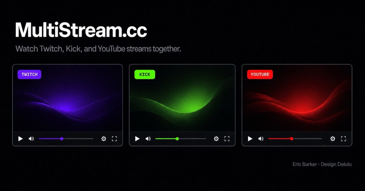 MultiStream.cc — side-by-side Twitch and Kick live stream players in a responsive grid