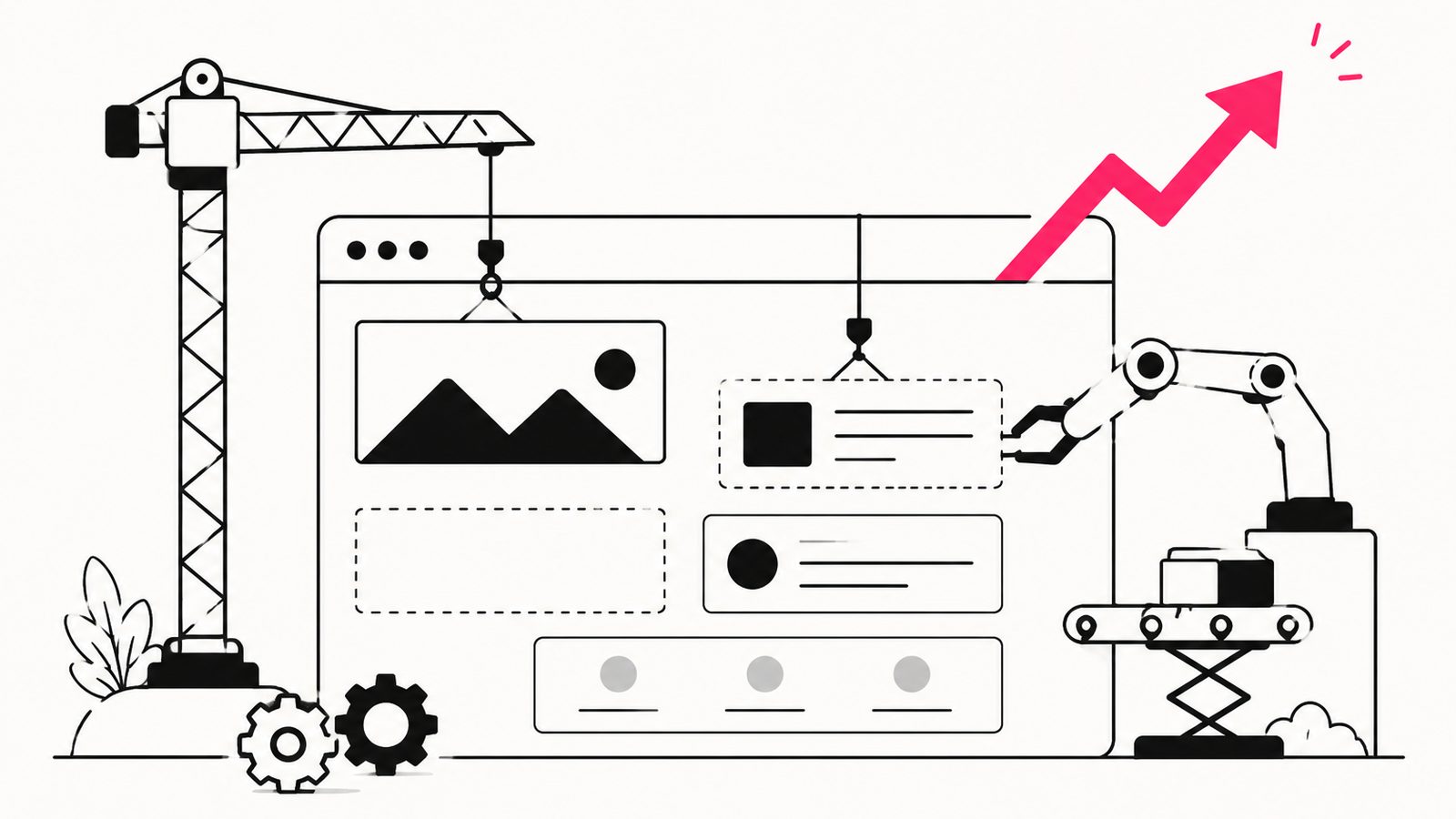 Website being assembled like a precision machine with an upward growth arrow